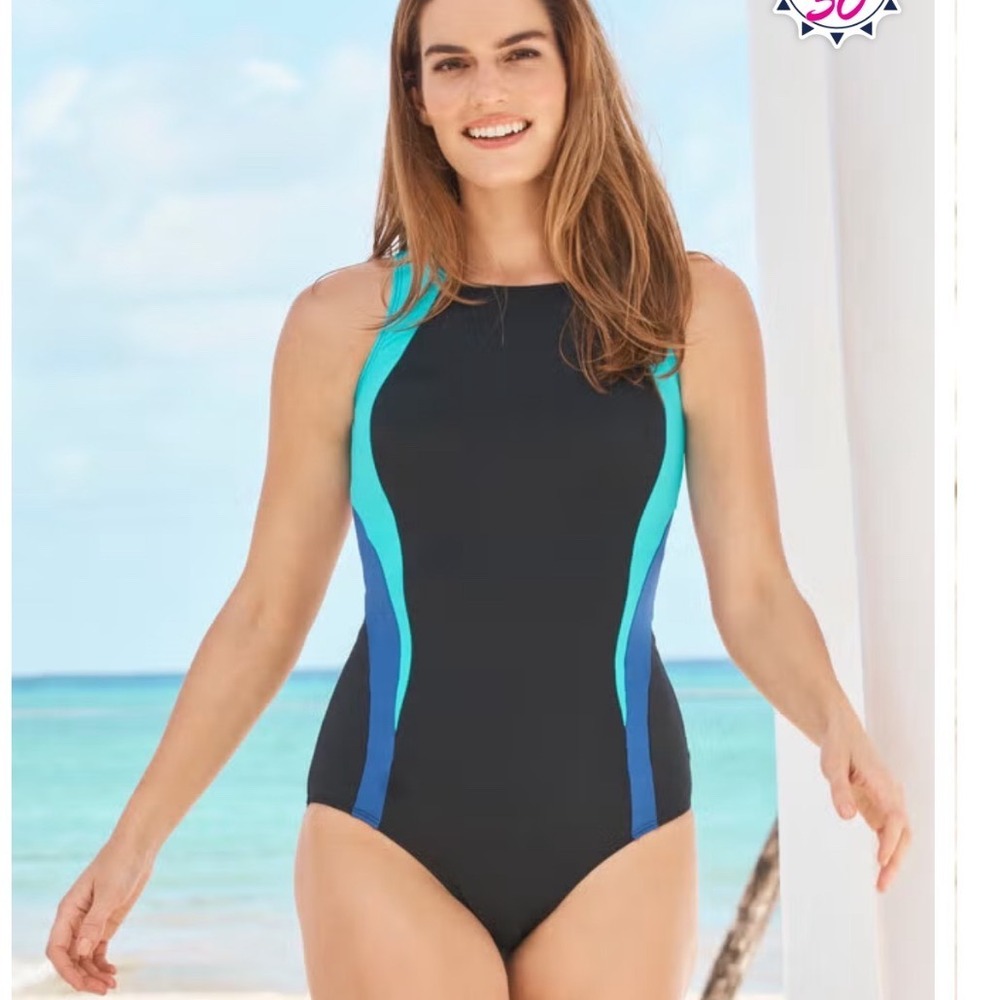 Swim 365 Woman Within High Neck Colorblock Swimsuit UPF 50 Tummy Control Size 30